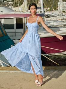 Women's Vacation Burnout Embroidered Single-Breasted Casual Cami Dress - Baby Blue - View 5