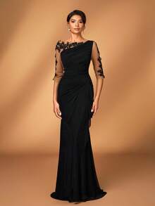 Serin 优雅奢华刺绣蕾丝透明长袖弹力针织网眼褶饰荷叶边美人鱼下摆连衣裙，适合婚礼、派对、度假、庆典、新娘送礼会