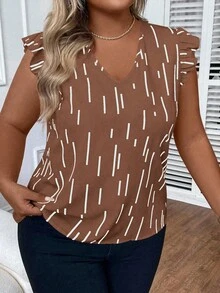 SHEIN EMERY ROSE CURVE Camisa casual con cuello en V, volantes y estampado floral para tallas grandes - Marrón - Ver 3