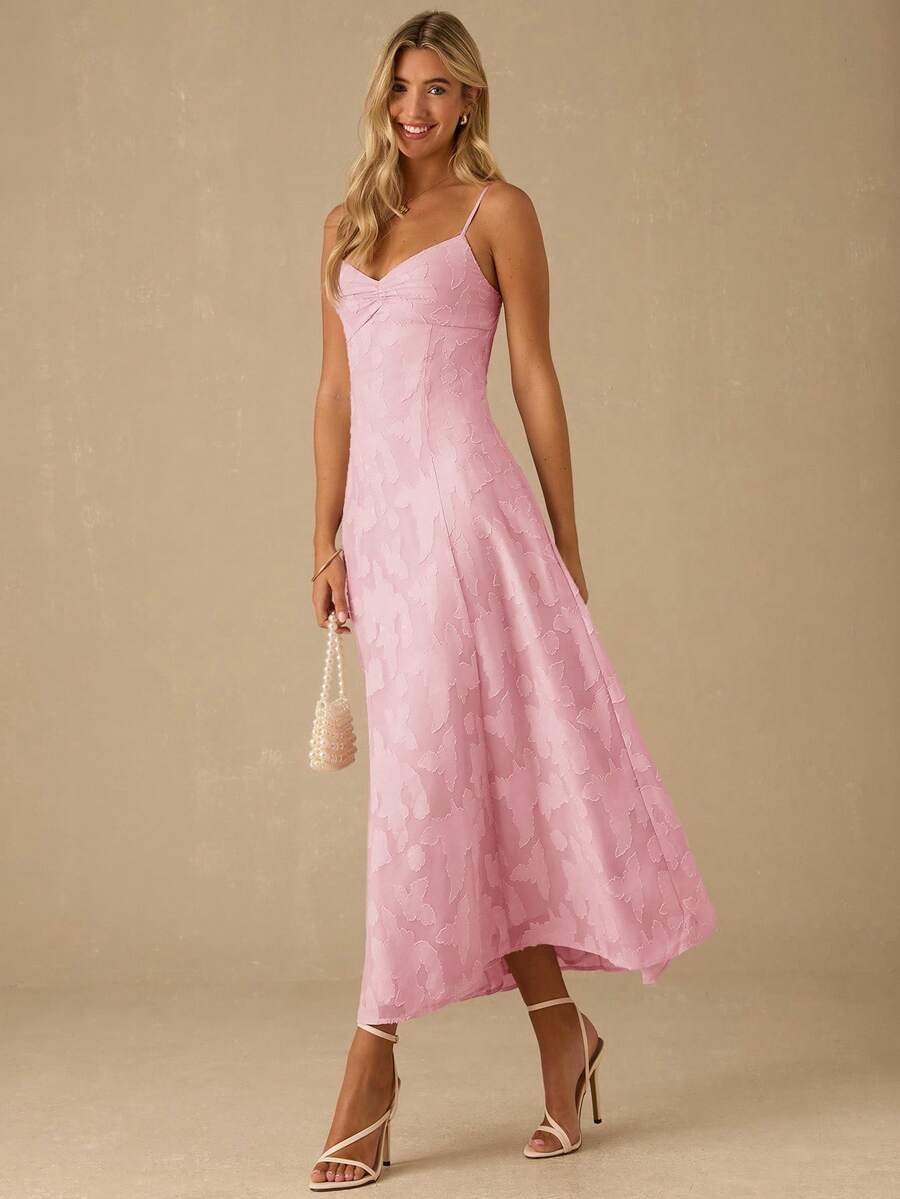 Enchnt 女士优雅褶皱胸围纹理露背吊带连衣裙 - 珊瑚粉 - 查看 1