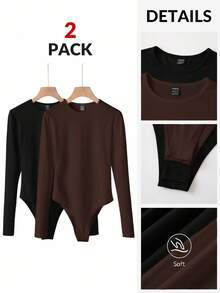 SHEIN BASICS 2件組/套 女款休閒素色針織圓領長袖連身衣 夏季女裝穿搭 - 棕色 - 查看 8
