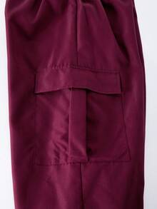 2件套少女图案印花休闲套头T恤和贴袋工装裤 - 酒紅色 - 查看 5