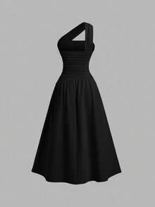 Sweetra Rochie tip bandeau asimetrică pentru femei, culoare uni, cu umeri