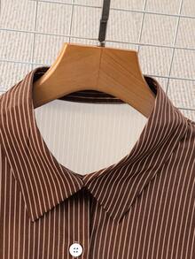 SHEIN PETITE Women's Striped Loose Casual Short Shirt (With Pockets), Spring/Summer - Brown - View 4