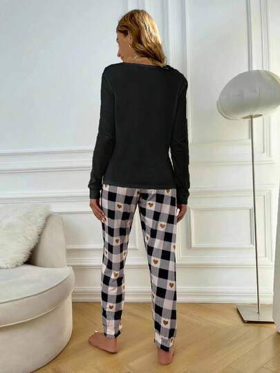 Slogan Heart Print PJ Set Pajama Set, Fall Clothes view 2