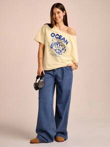 CAJUNI T-shirt ample à manches courtes asymétrique pour femmes en vacances avec imprimés de coquillages, d'étoiles de mer et d'hippocampes. Polyvalent pour l'été