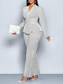 SOLERSUN 大码女装秋冬优雅条纹V领长袖T恤和阔腿裤两件套，不对称下摆两件套，休闲日常穿着，女装冬装女装秋装，包裹性，扭纹，腰带，黑白条纹提花纹理面料，日常穿着，通勤，购物 - 白色 - 查看 8