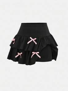 SHEIN Girlism 少女休闲装、运动装、校园装、返校装、黑色多层荷叶边下摆短裙、蝴蝶结装饰、甜美清凉、黑粉色、春夏装、酷炫、基本款、日常、百搭、夏季运动时尚、返校季、校服 - 黑色 - 查看 4