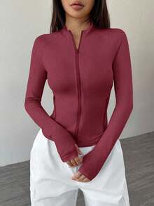 SHEIN PETITE 女式纯色前拉链长袖休闲夹克，春秋季 - 酒紅色 - 查看 1