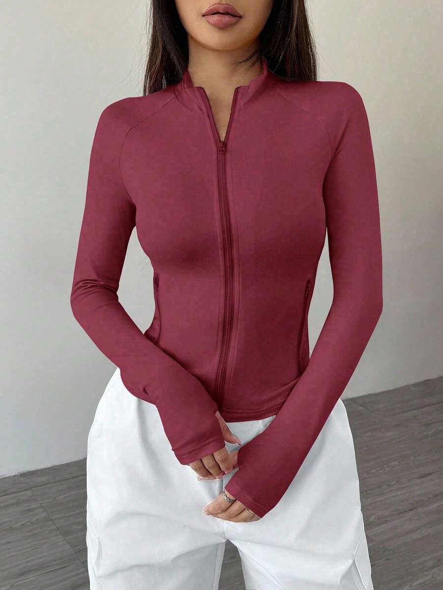 SHEIN PETITE 女式纯色前拉链长袖休闲夹克,春秋季 - 酒紅色 - 查看 1