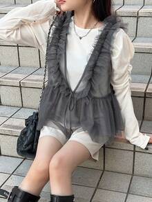 FRIFUL 女士灰色纯色透视网纱荷叶边抽绳褶皱休闲背心，秋季百搭 - 灰色 - 查看 6