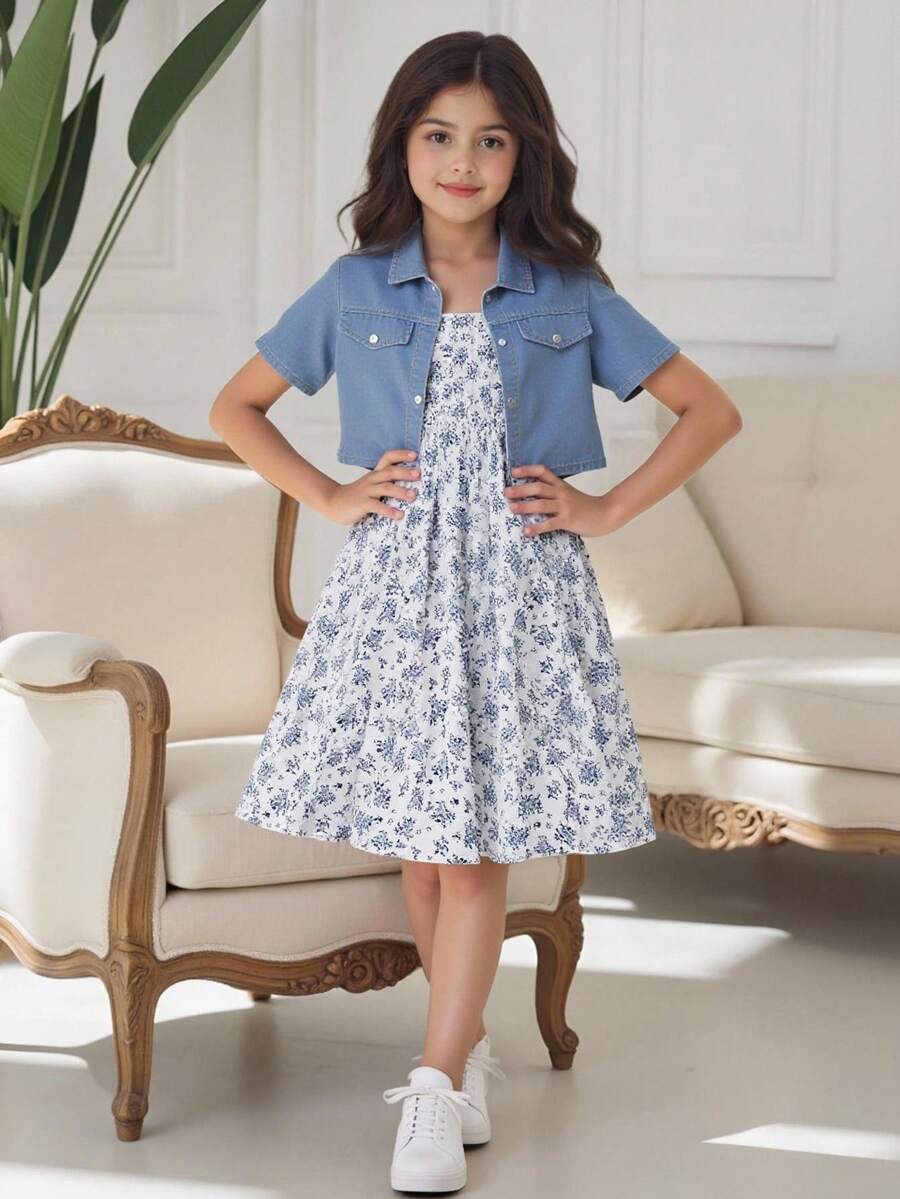 SHEIN 中小女孩藍色牛仔外套，前扣板和花卉印花背帶連身裙套裝