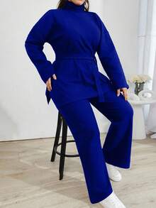 EURMUSE 纯色高领休闲毛衣 2件套 - 寶藍色 - 查看 5