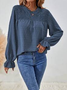 EMERY ROSE Elegant Solid Color Ruffle Puff Sleeve Blouse, Spring/Autumn Fall Cloth For Women - Blue - View 6