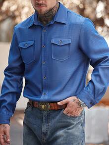 Manfinity Nomadique Casual Fashionable Retro Versatile Long Sleeve Solid Color Men's Shirt Blue Shirt Button-Down Fit Western Shirt, Fall - Blue - View 4