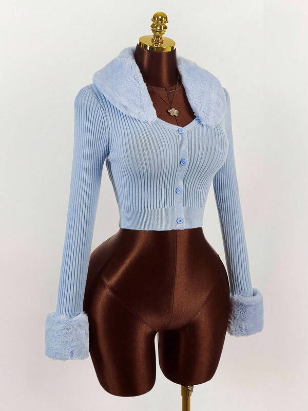 Amplova Cárdigan de manga larga de ajuste ceñido y unicolor para mujer estilo Y2K, adecuado para uso diario, parte superior de color azul bebé con ribete de piel sintética para mujer, apto para otoño/invierno