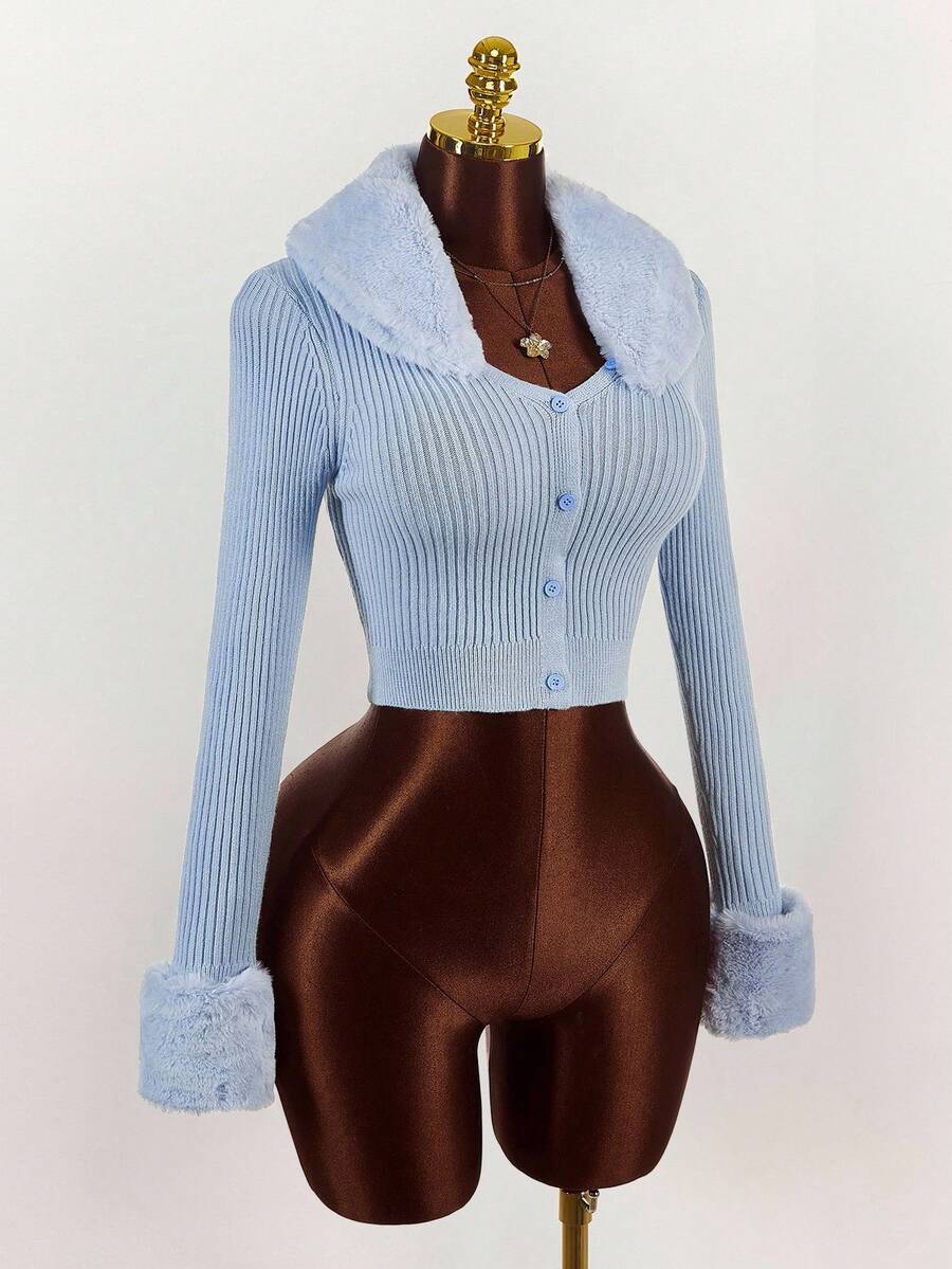 Y2K Amplova 女式休闲修身纯色长袖开衫，适合日常穿着淡蓝色上衣女式仿皮草饰边上衣秋冬 - 淺藍色 - 查看 1