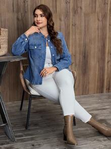 EMERY ROSE Plus Size Women's Casual Single-Breasted Denim Jacket, Autumn - Light Wash - View 6