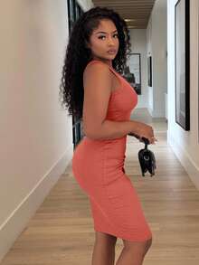 Alexandranx 女性時尚竖条纹纯色修身无袖连衣裙 - 紅木色 - 查看 5