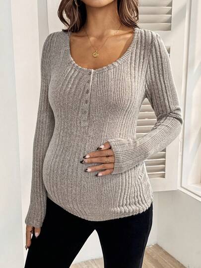 SHEIN Maternity Fitted Button-Up Knit Top Ribbed Top Maternity Tops Maternity Clothes Fall Winter Maternity Sweaters Knit Top Women Autumn/Winter