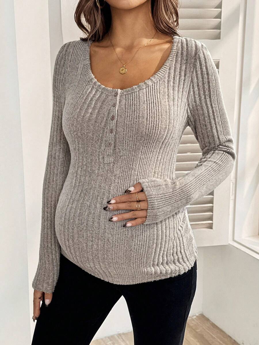 Áo dệt kim cài nút vừa vặn cho bà bầu - Màu Khaki - Xem 1