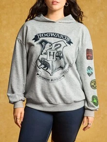 HARRY POTTER X SHEIN 大码字母动物图案卫衣 女款图案卫衣 秋季女装 冬季女装 经典学院风街头风宽松灰色连帽卫衣 万圣节图案卫衣 女款灰色卫衣 女款卫衣 灰色卫衣 - 灰色 - 查看 2