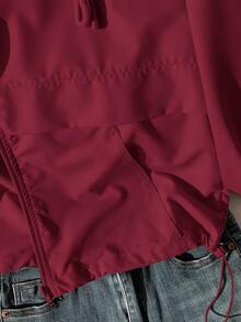 Comfortcana 秋冬女士杏色抽绳口袋编织连帽防晒夹克 - 酒紅色 - 查看 6