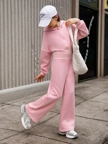 Hanevo Tween Girl Hooded Zip-Up Sweatshirt And High Waisted Thermal Lined Pants Jumpsuit - Pink - View 4