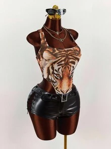 Amplova Body de mujer talla grande con escote pronunciado y estampado de tigre