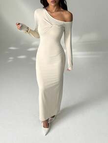 SHEIN PETITE 女士纯色不对称领口长袖连衣裙，优雅 - 杏色 - 查看 7