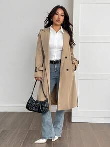 SHEIN PETITE 女式卡其色休闲磨边装饰学院风风衣 - 卡其色 - 查看 4