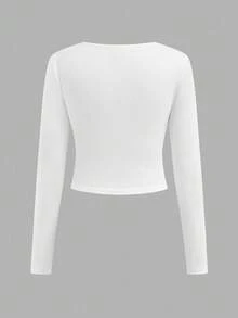 Coolane Tween Girls Winter/Fall Streetwear Basic Stretchy Comfortable Solid Ruched Side Crop Tee,Christmas .New Year,Party ,Chic,Warm - White - View 5