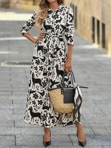 SHEIN Clasi 女式衬衫式超长连衣裙，黑色剪影印花，秋季休闲长袖连衣裙 - 黑與白 - 查看 8