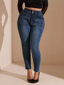 SHEIN BAE 女性加大碼高腰修身牛仔褲 - 藍色 - 查看 6