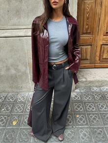 Aloruh Chaqueta regular de PU con cuello alto burdeos para mujer, otoño/invierno - Burdeos - Ver 8