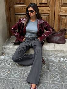 Aloruh Chaqueta regular de PU con cuello alto burdeos para mujer, otoño/invierno - Burdeos - Ver 1