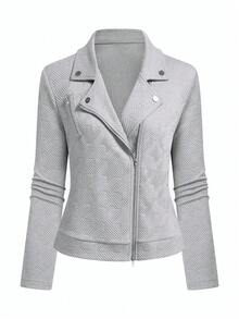 GlowEve 翻领纹理面料拉链休闲机车夹克 - 灰色 - 查看 5