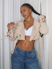 Amplova 女式缺口翻领纽扣前长袖短款风衣，适合日常休闲 - 杏色 - 查看 1