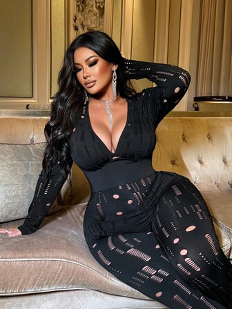 NU&NOW 大码时尚性感纹理修身连衣裤