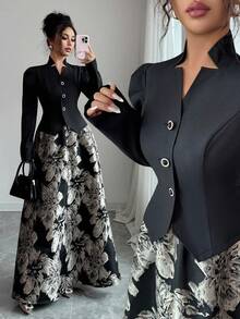 Elenzga 提花面料伞形下摆 A 字裙，松紧腰，长袖修身优雅衬衫，通勤百搭套装 - 黑色 - 查看 1