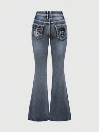 J-Fashion Vintage Y2K Punk Stil Tief Taillierte Super Kurze Jeans mit Reißverschluss, Nieten, Taschen und Stickerei, Weites Bein für Frauen