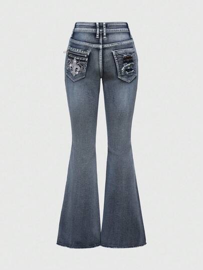 J-Fashion Jeans de mujer con pierna acampanada, cintura baja, súper cortos, con cremallera, remaches, bolsillos y bordados, en estilo vintage Y2K punk