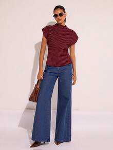 COSMINA 女士条纹印花褶皱领优雅衬衫 红色上衣 - 酒紅色 - 查看 7