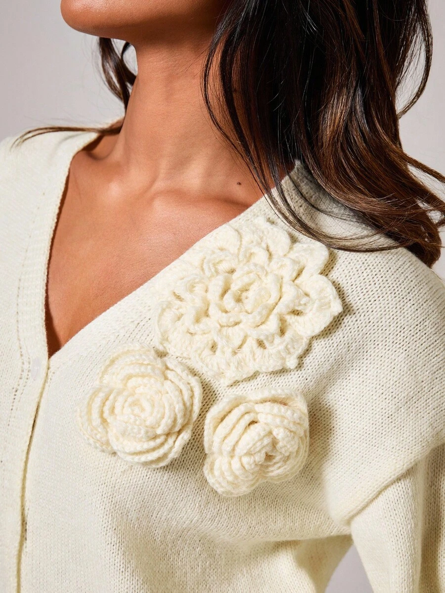 COSMINA Women's Elegant 3D Floral V-Neck Sweater, Autumn/Winter - Cream - View 1