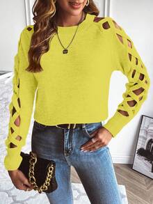 EMERY ROSE 女士性感交叉镂空袖圆领毛衣，秋冬 - Butter Yellow - 查看 3