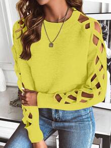 EMERY ROSE 女士性感交叉镂空袖圆领毛衣，秋冬 - Butter Yellow - 查看 5