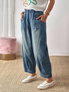 EMERY ROSE 女式松紧腰口袋喇叭宽松牛仔裤 - 藍色 - 查看 3