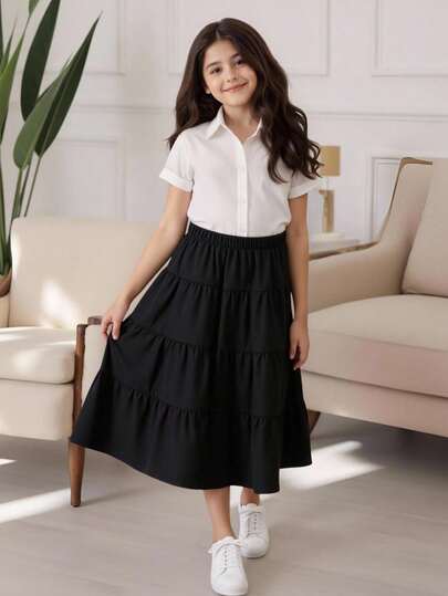 SHEIN Sparklyn 夏季时尚女童拼布宽下摆裙子
