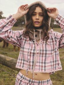 Aralina 睡衣秋冬可爱舒适柔软拉绒法兰绒格纹纽扣门襟衬衫和阔腿裤带系带两件套睡衣套装 - 彩色 - 查看 4