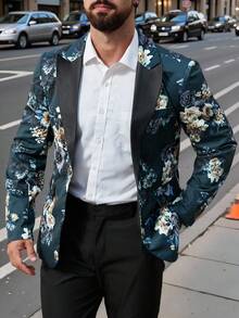 Manfinity AFTRDRK 花卉图案休闲商务通勤长袖男士西装外套 - 綠色 - 查看 1